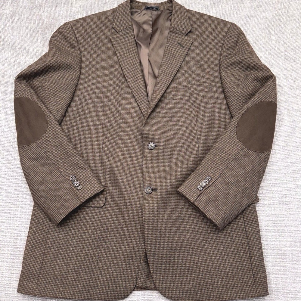 Tommy Hilfiger Mens 42R Brown Wool Houndstooth Blazer Elbow Patches Sport Coat